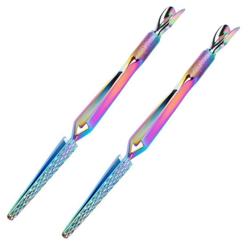 JOLLYSTYLE 2PCS Colorful Stainless Steel Nail Art Tools Pinching Cuticle Pusher - Multifunction False Nail Shaping Tweezers Manicure Tool - Image 1